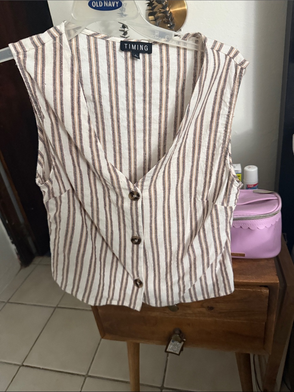 Timing Cream and Brown Striped Sleeveless Button Front Crop Top